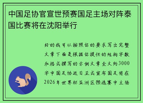 中国足协官宣世预赛国足主场对阵泰国比赛将在沈阳举行